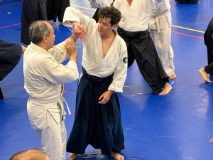 Two aikido practitioners training in a traditional dojo